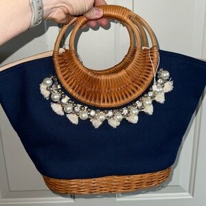 Nwot straw studios basket bag with rhinestones & tassels
